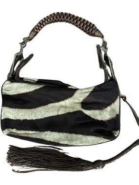 Gianfranco Ferré Black and Cream Zebra-Print Leather Shoulder Bag with Tassel